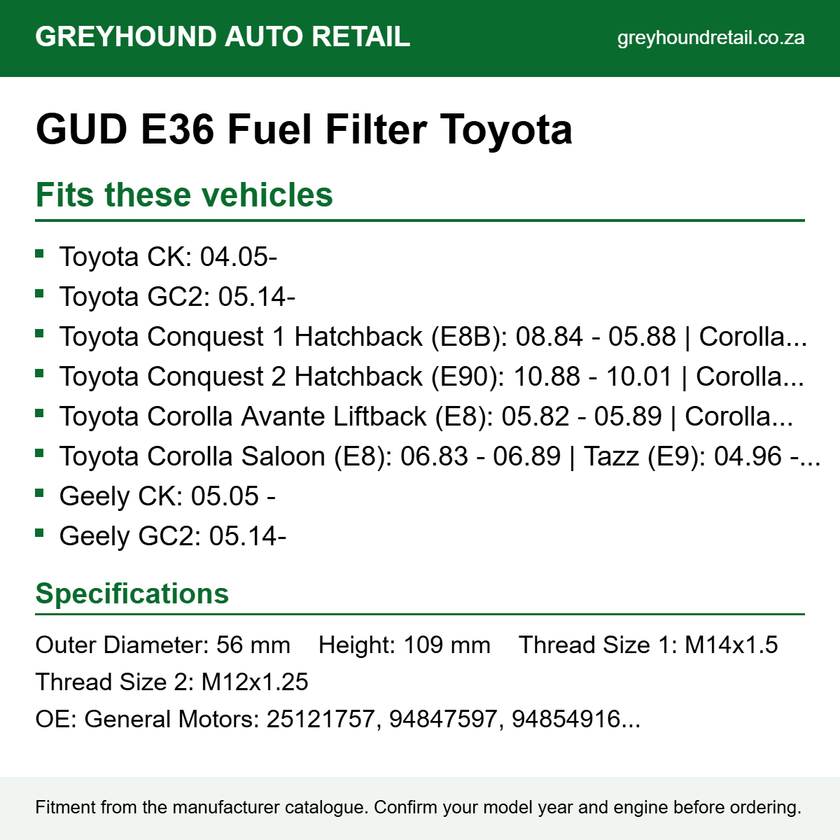 GUD E36 Fuel Filter Toyota fits Toyota CK: 04.05-, Toyota GC2: 05.14-, Toyota Conquest 1 Hatchback (E8B): 08.84 - 05.88 | Corolla Saloon (E9): 05.87 - 09.99