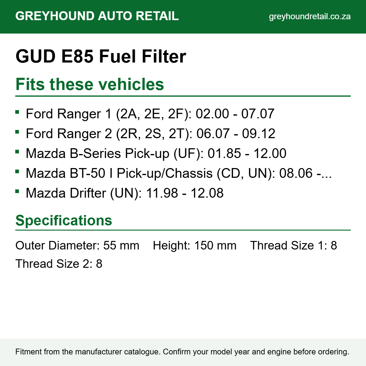 GUD E85 Fuel Filter fits Ford Ranger 1 (2A, 2E, 2F): 02.00 - 07.07, Ford Ranger 2 (2R, 2S, 2T): 06.07 - 09.12, Mazda B-Series Pick-up (UF): 01.85 - 12.00
