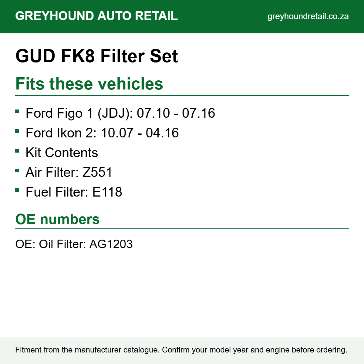 GUD FK8 Filter Set fits Ford Figo 1 (JDJ): 07.10 - 07.16, Ford Ikon 2: 10.07 - 04.16, Kit Contents