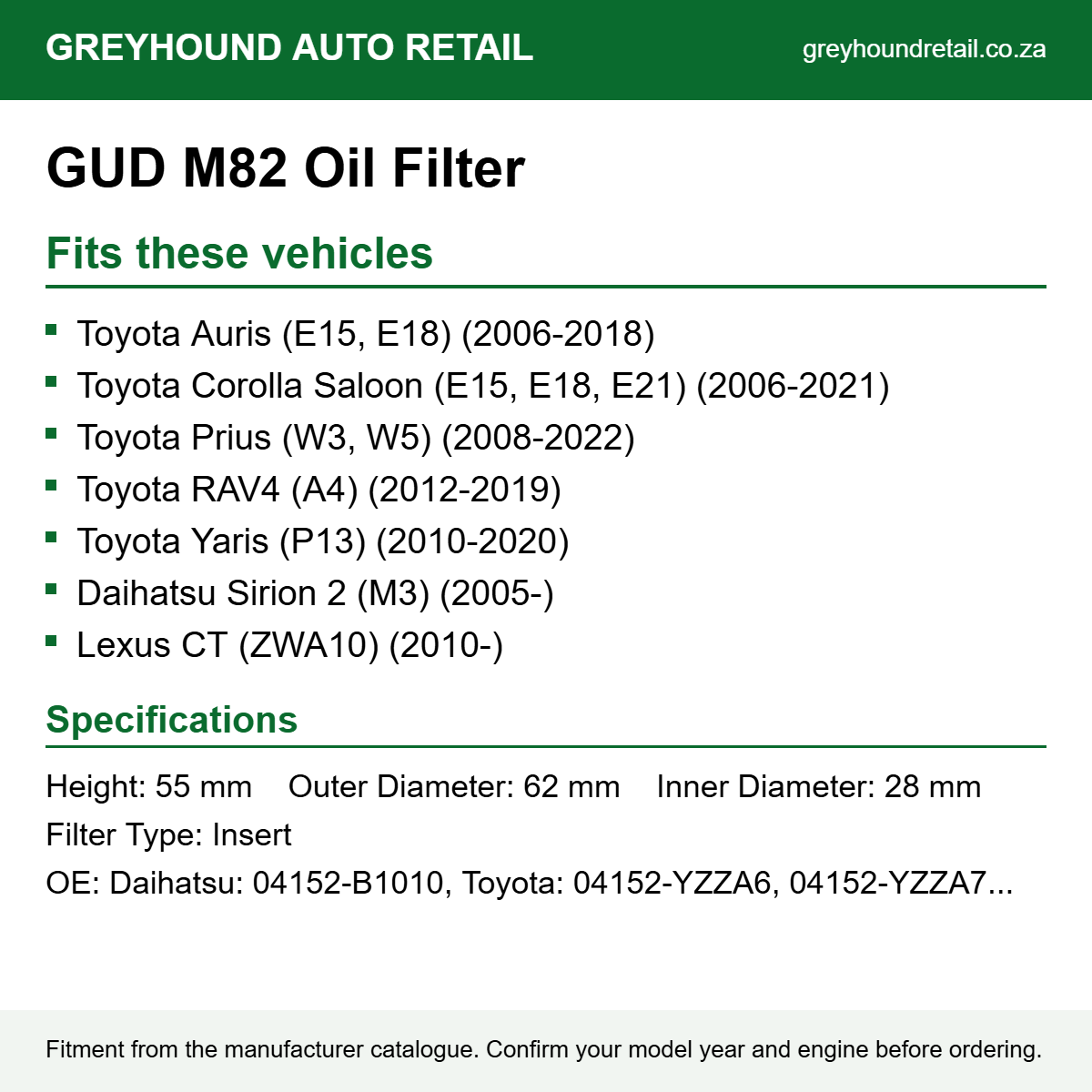 GUD M82 Oil Filter fits Toyota Auris (E15, E18) (2006-2018), Toyota Corolla Saloon (E15, E18, E21) (2006-2021), Toyota Prius (W3, W5) (2008-2022)