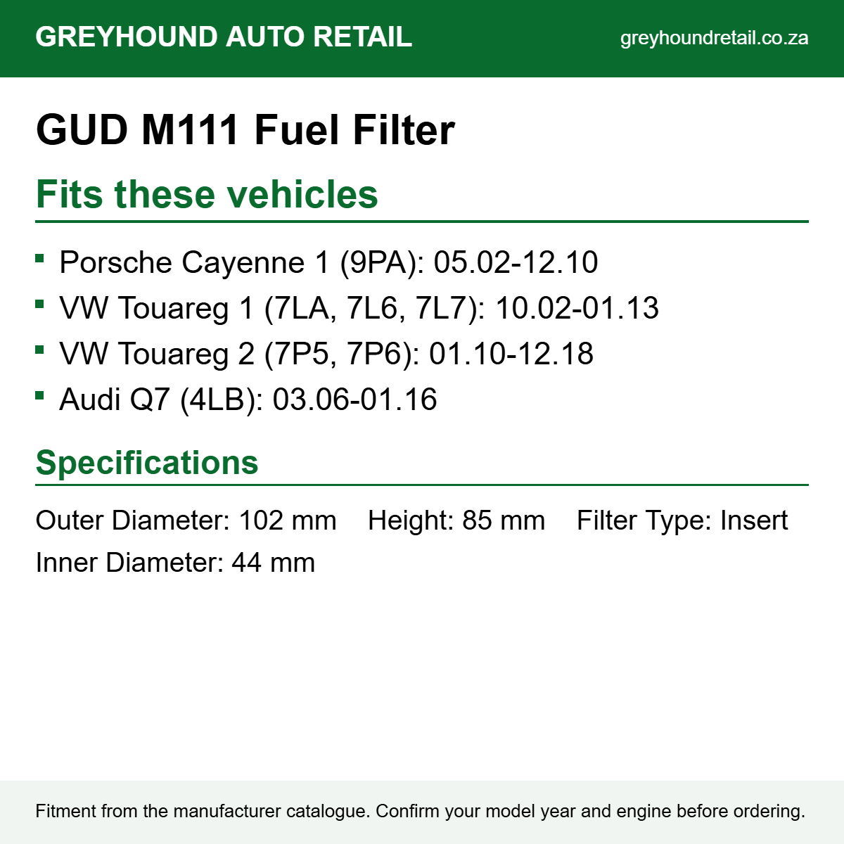 GUD M111 Fuel Filter fits Porsche Cayenne 1 (9PA): 05.02-12.10, VW Touareg 1 (7LA, 7L6, 7L7): 10.02-01.13, VW Touareg 2 (7P5, 7P6): 01.10-12.18