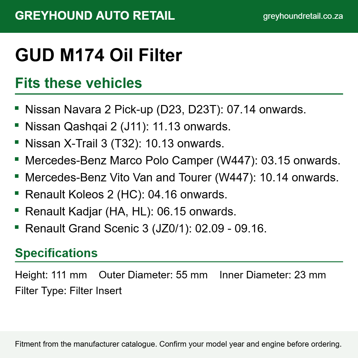 GUD M174 Oil Filter fits Nissan Navara 2 Pick-up (D23, D23T): 07.14 onwards., Nissan Qashqai 2 (J11): 11.13 onwards., Nissan X-Trail 3 (T32): 10.13 onwards.