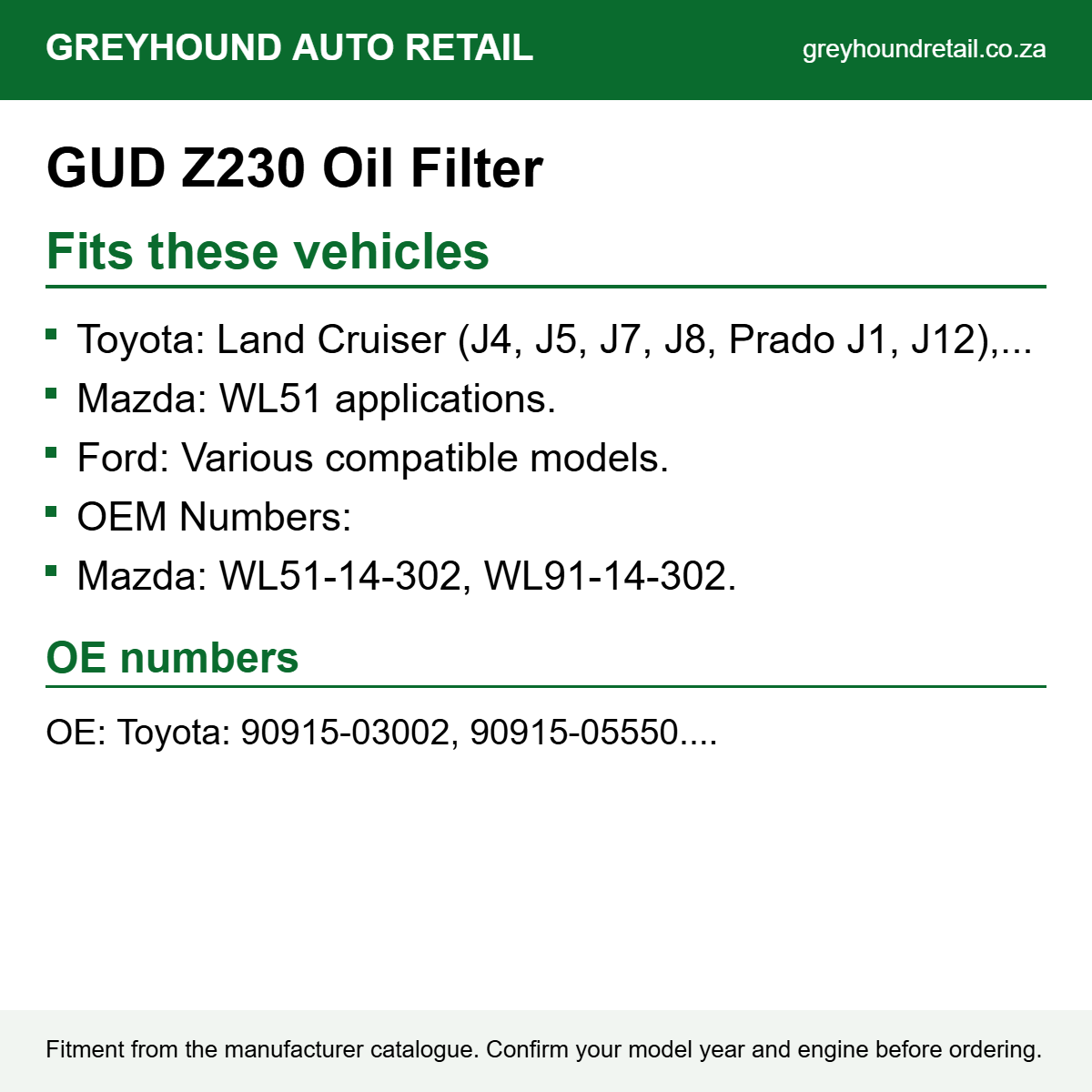 GUD Z230 Oil Filter fits Toyota: Land Cruiser (J4, J5, J7, J8, Prado J1, J12), Hilux 4-6 Pick-up, Hiace 2-3 Vans., Mazda: WL51 applications., Ford: Various compatible models.