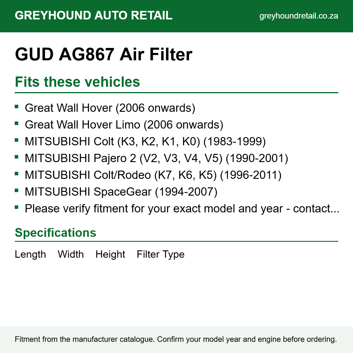GUD AG867 Air Filter fits Great Wall Hover (2006 onwards), Great Wall Hover Limo (2006 onwards), MITSUBISHI Colt (K3, K2, K1, K0) (1983-1999)