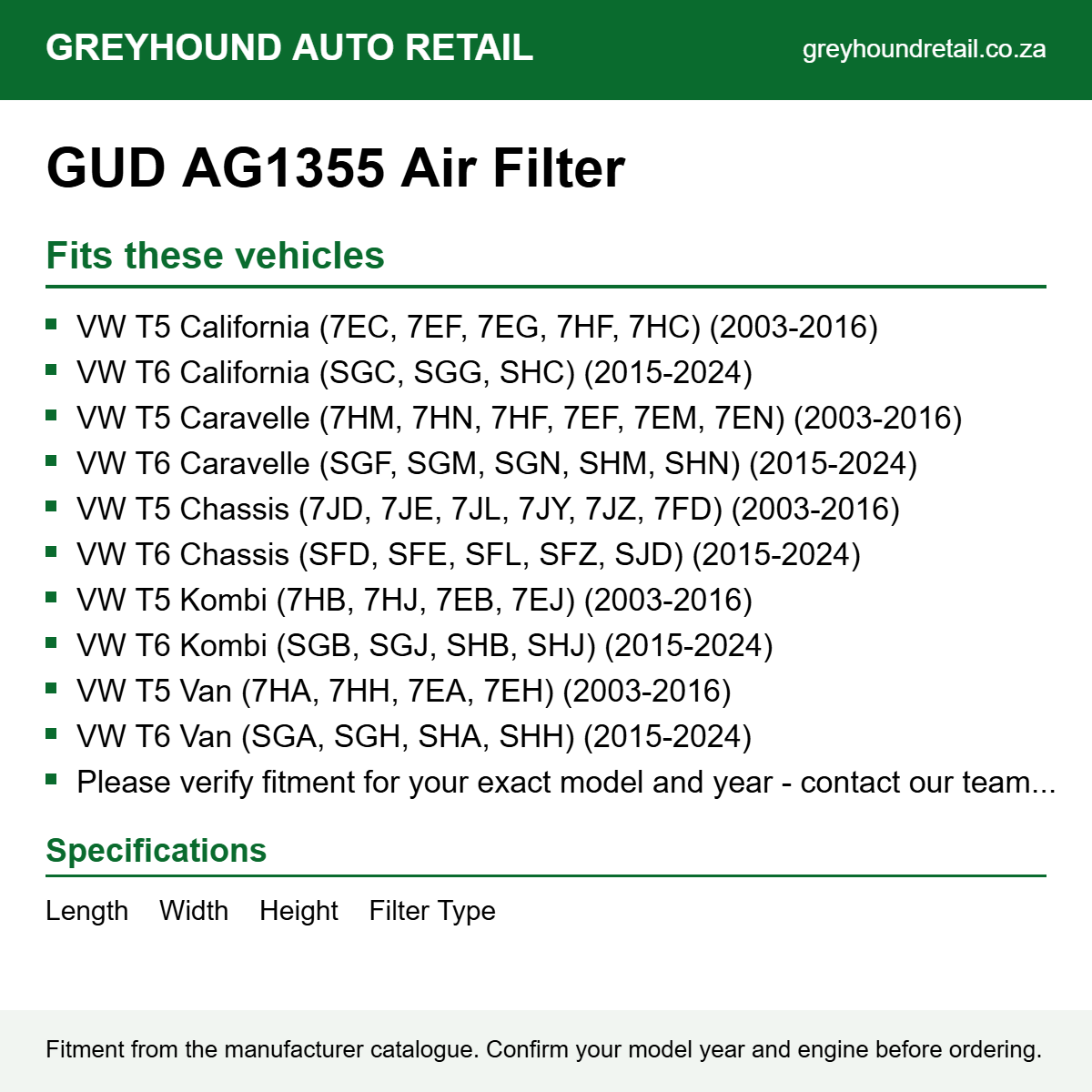 GUD AG1355 Air Filter fits VW T5 California (7EC, 7EF, 7EG, 7HF, 7HC) (2003-2016), VW T6 California (SGC, SGG, SHC) (2015-2024), VW T5 Caravelle (7HM, 7HN, 7HF, 7EF, 7EM, 7EN) (2003-2016)