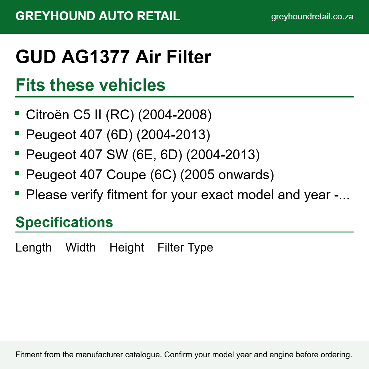 GUD AG1377 Air Filter fits Citroën C5 II (RC) (2004-2008), Peugeot 407 (6D) (2004-2013), Peugeot 407 SW (6E, 6D) (2004-2013)