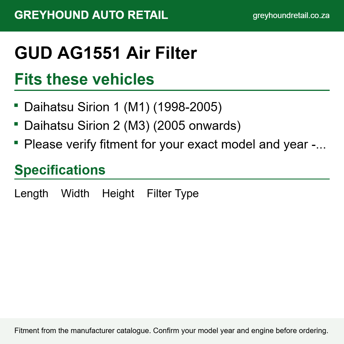 GUD AG1551 Air Filter fits Daihatsu Sirion 1 (M1) (1998-2005), Daihatsu Sirion 2 (M3) (2005 onwards), Please verify fitment for your exact model and year - contact our team if unsure.
