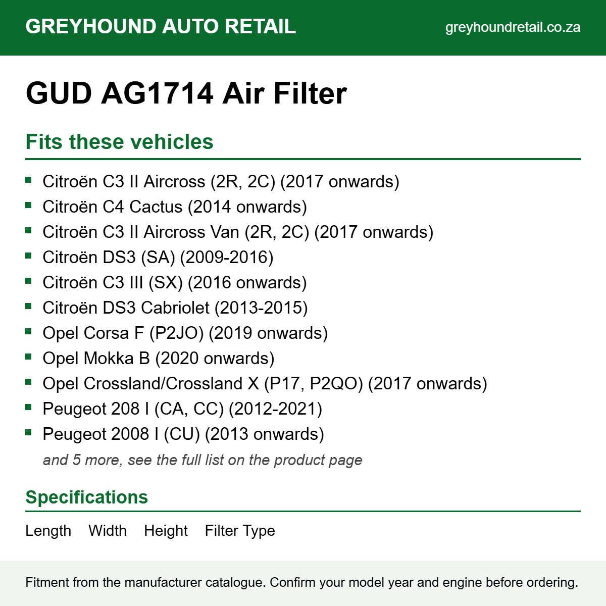 GUD AG1714 Air Filter fits Citroën C3 II Aircross (2R, 2C) (2017 onwards), Citroën C4 Cactus (2014 onwards), Citroën C3 II Aircross Van (2R, 2C) (2017 onwards)