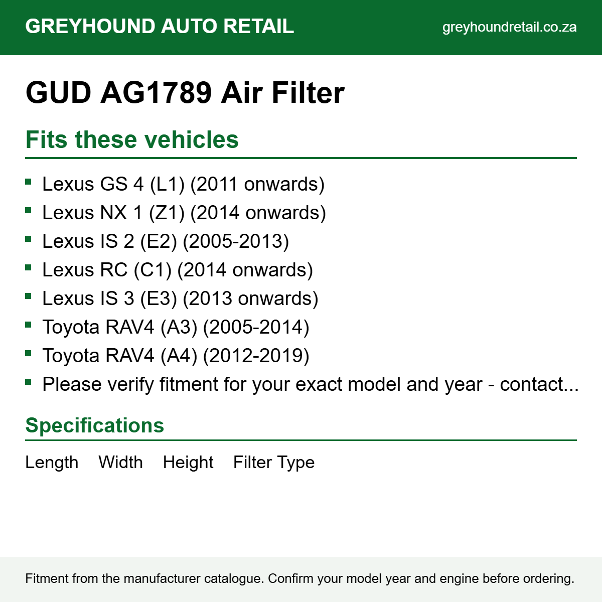 GUD AG1789 Air Filter fits Lexus GS 4 (L1) (2011 onwards), Lexus NX 1 (Z1) (2014 onwards), Lexus IS 2 (E2) (2005-2013)