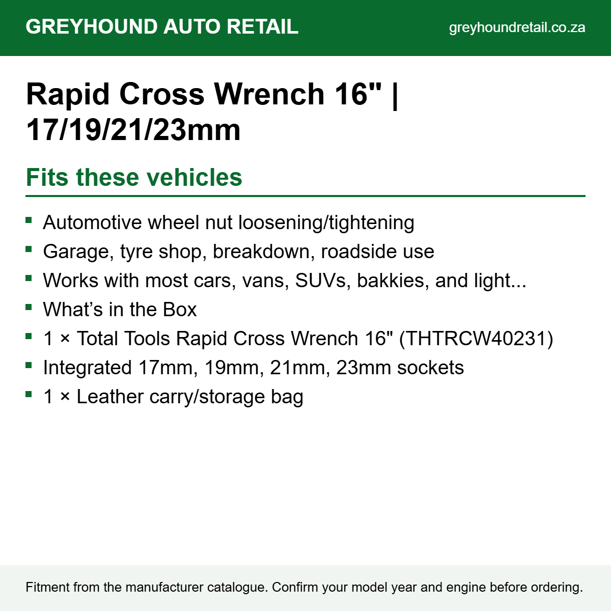 Rapid Cross Wrench 16" | 17/19/21/23mm fits Automotive wheel nut loosening/tightening, Garage, tyre shop, breakdown, roadside use, Works with most cars, vans, SUVs, bakkies, and light commercial vehicles