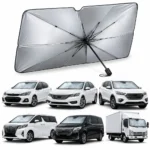 Silver car sun shade umbrella above the vehicle types it fits: hatchback, sedan, SUV, MPV, van and truck