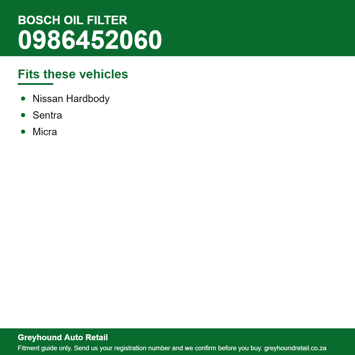 Bosch 0986452060 Oil Filter vehicle fitment list