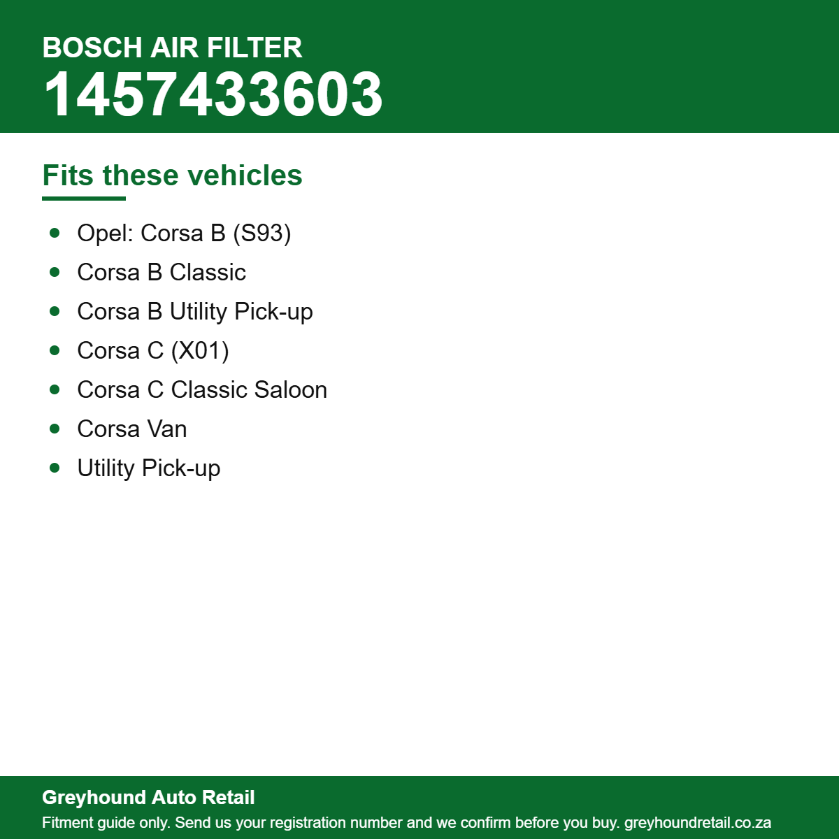 Bosch 1457433603 Air Filter vehicle fitment list