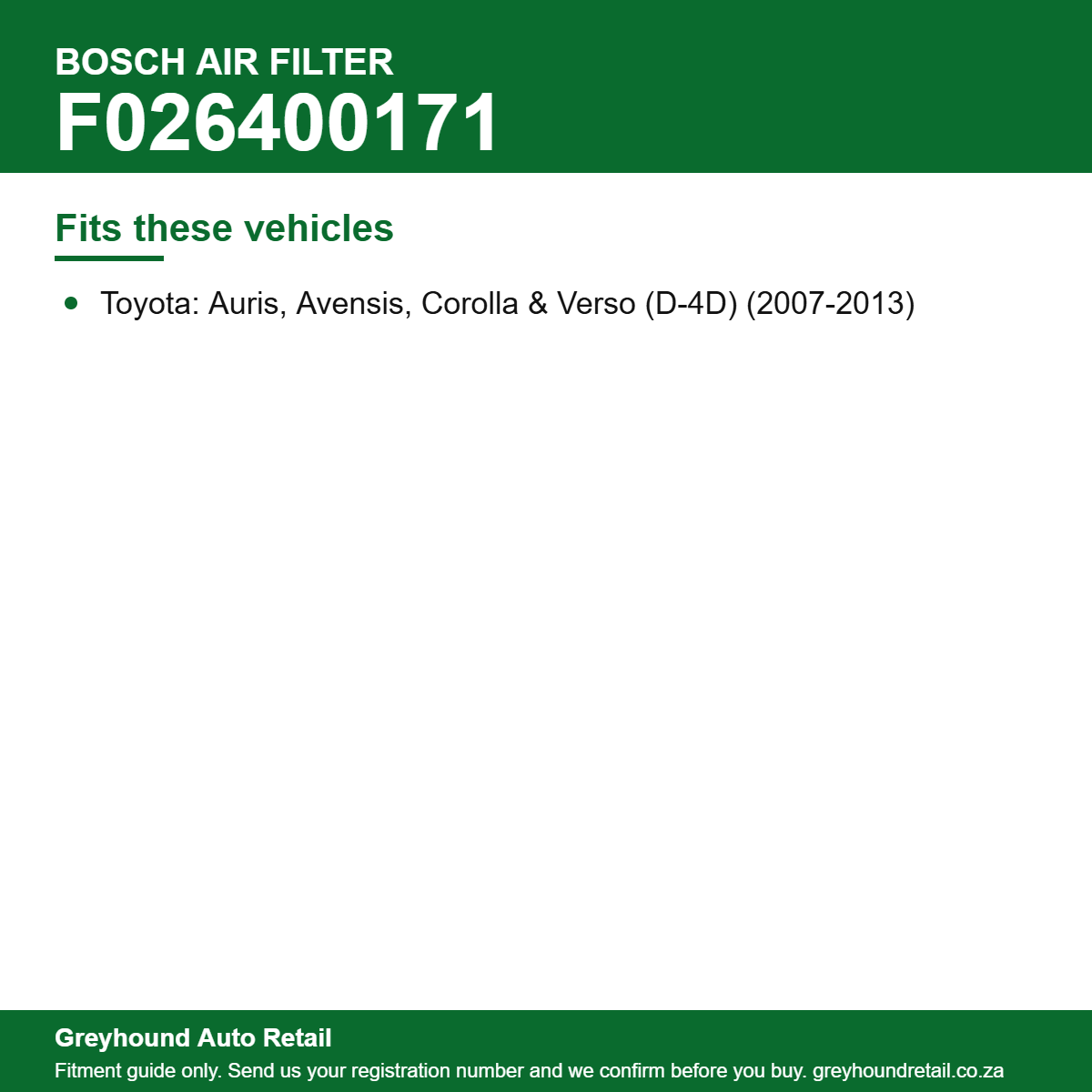 Bosch F026400171 Air Filter vehicle fitment list
