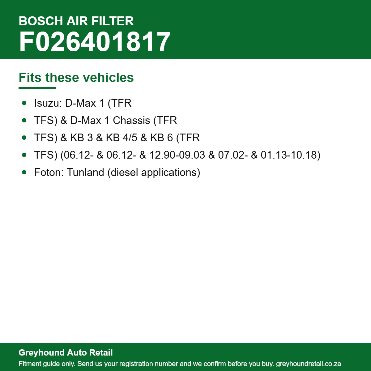 Bosch F026401817 Air Filter vehicle fitment list
