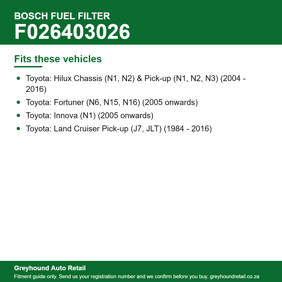 Bosch F026403026 Fuel Filter vehicle fitment list