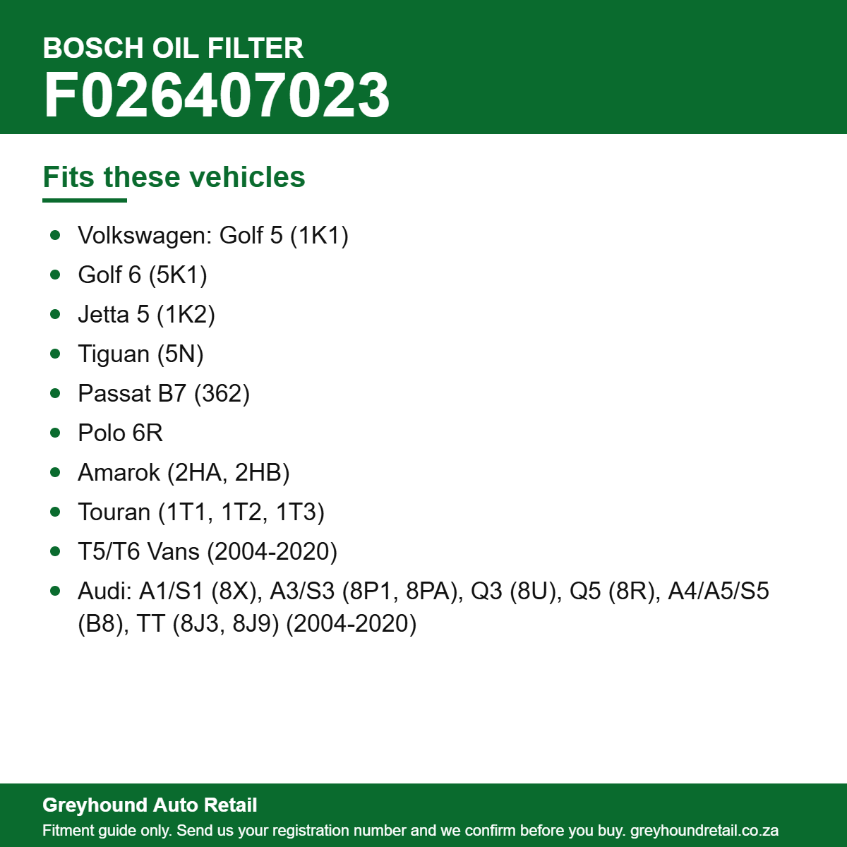 Bosch F026407023 Oil Filter vehicle fitment list