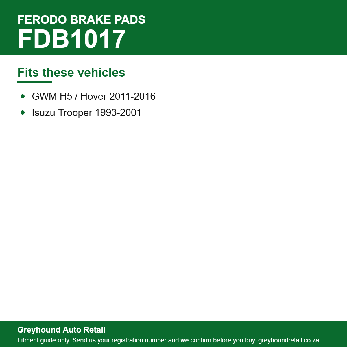 Ferodo FDB1017 Brake Pads vehicle fitment list