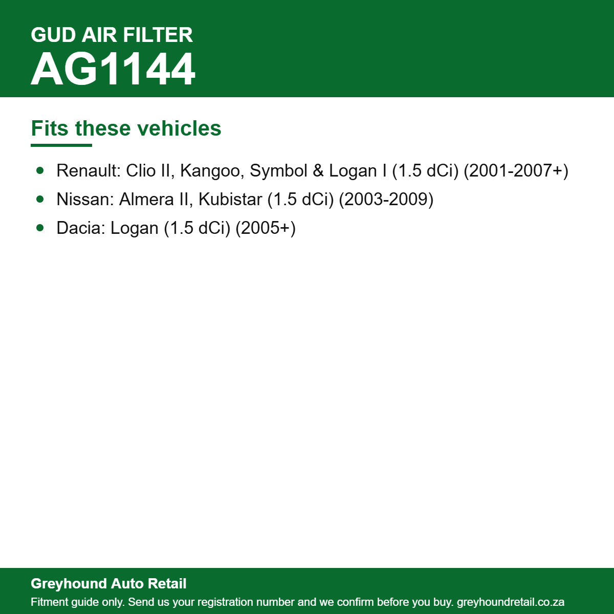 GUD AG1144 Air Filter vehicle fitment list