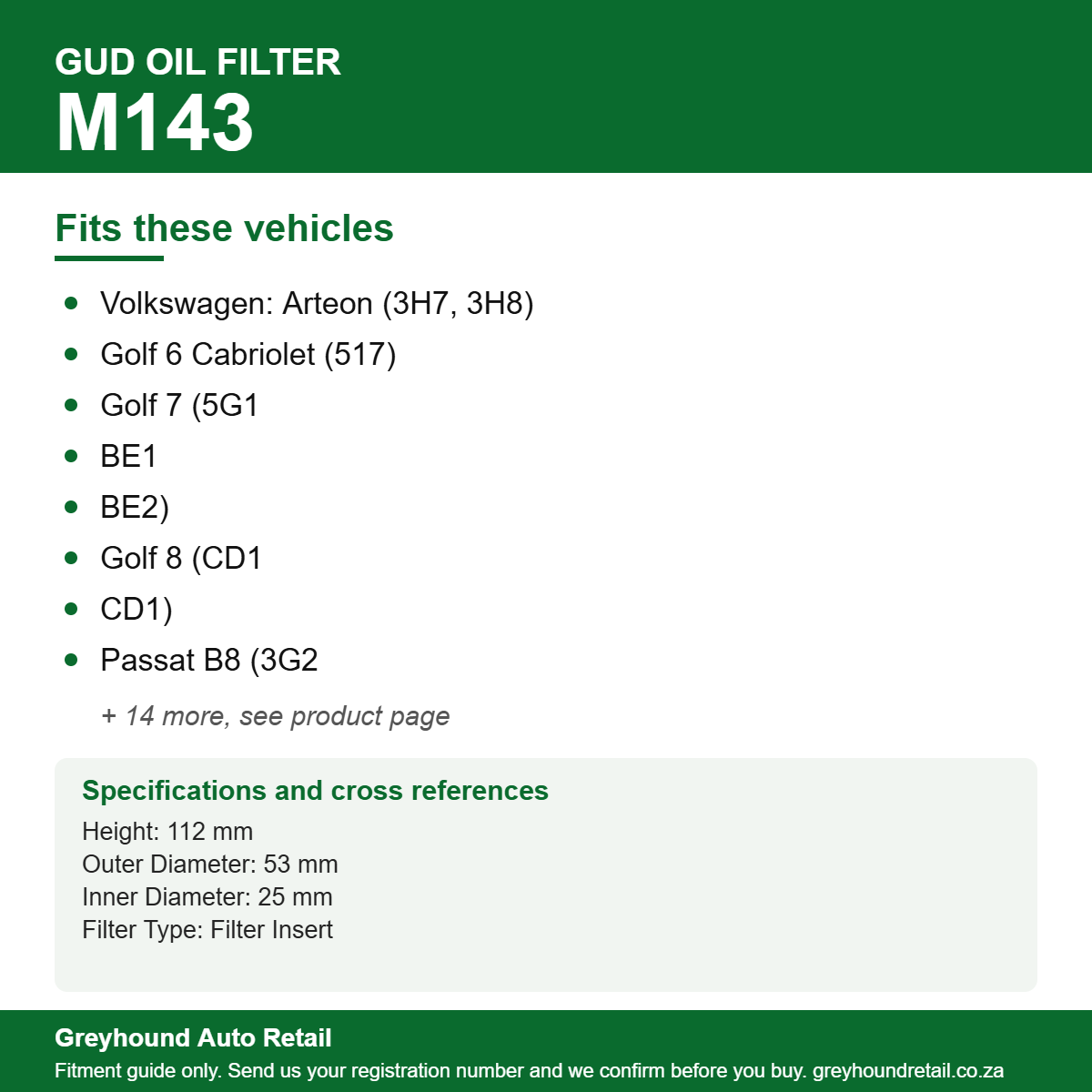 GUD M143 Oil Filter vehicle fitment list