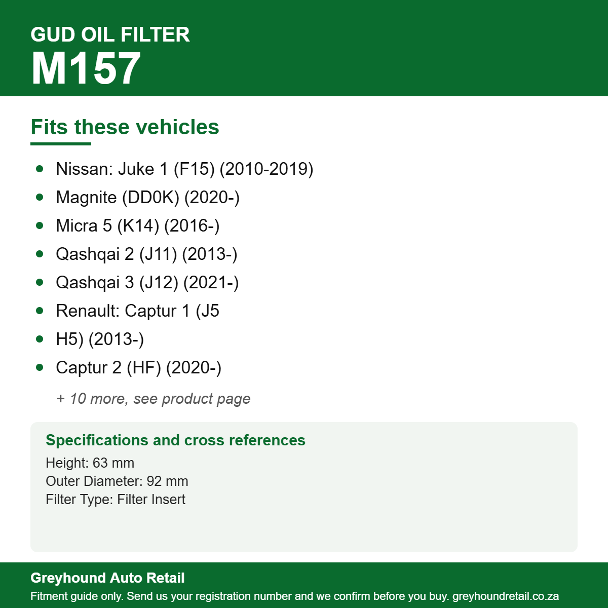 GUD M157 Oil Filter vehicle fitment list