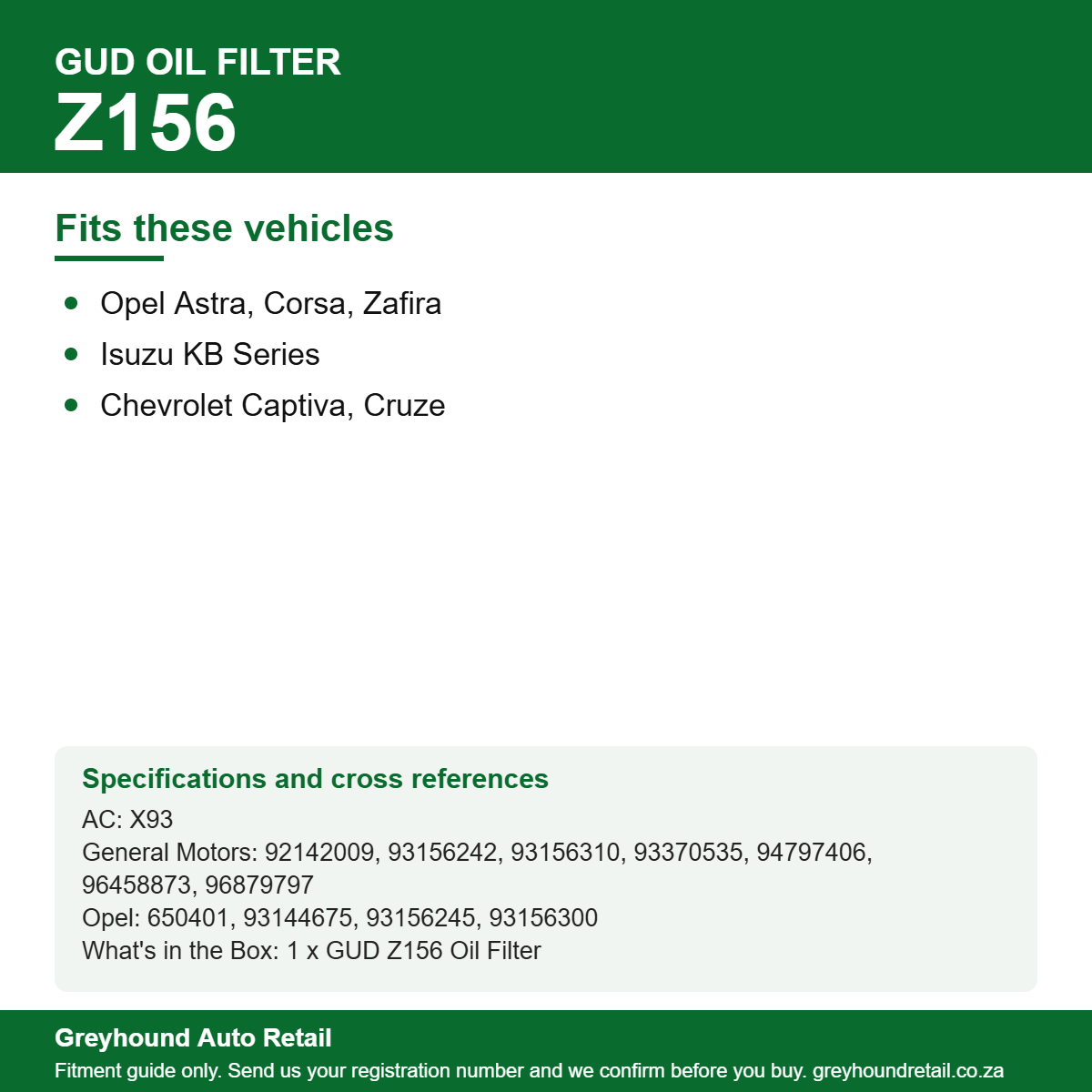 GUD Z156 Oil Filter vehicle fitment list