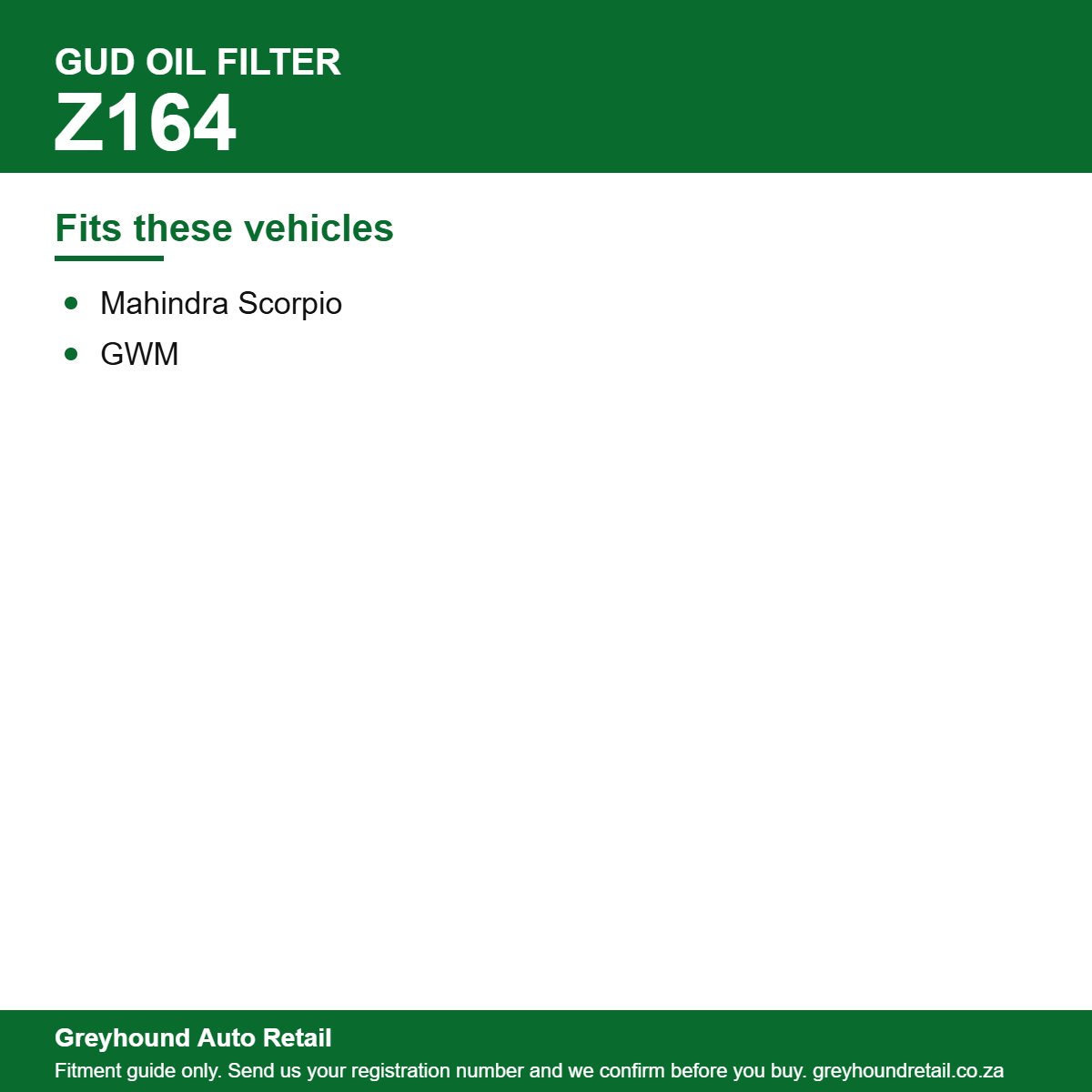 GUD Z164 Oil Filter vehicle fitment list