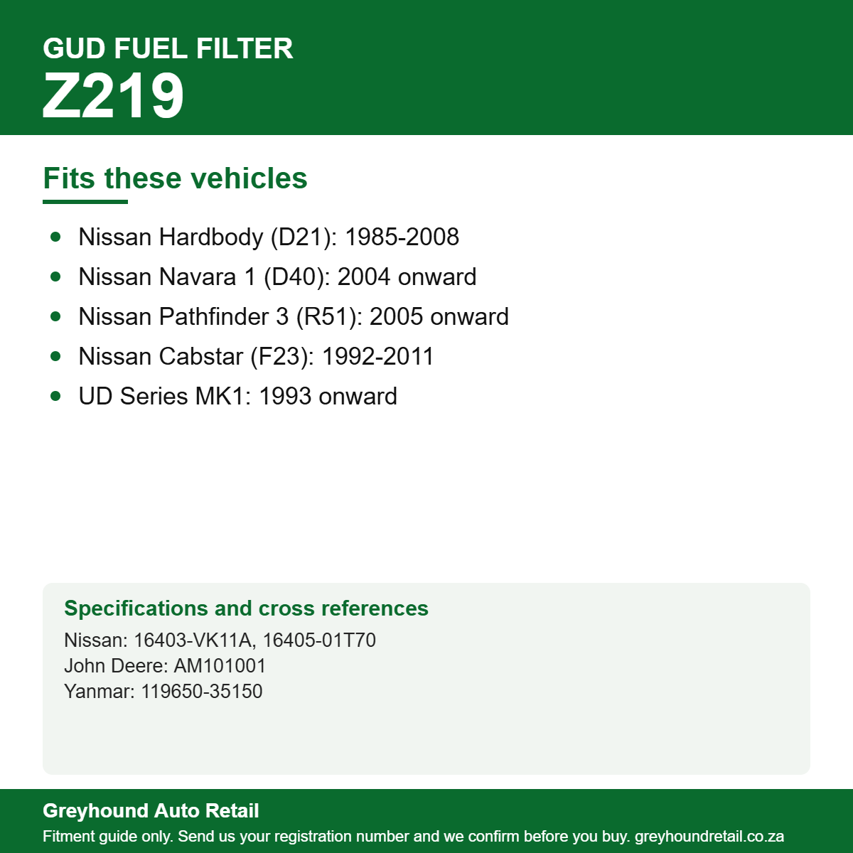 GUD Z219 Fuel Filter vehicle fitment list