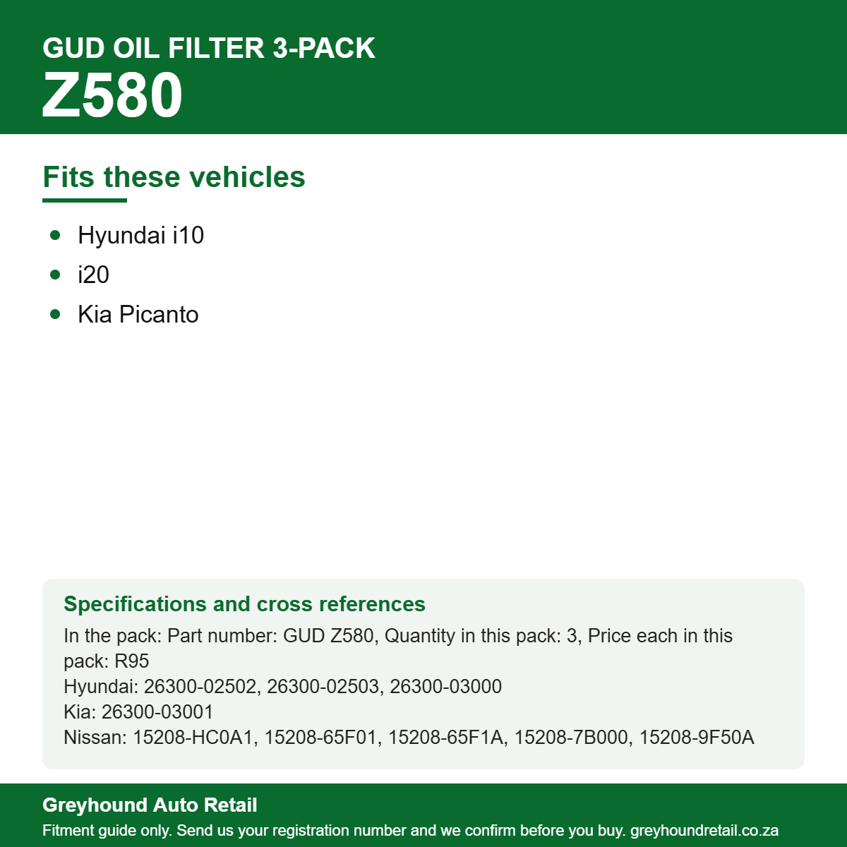 GUD Z580 Oil Filter 3-Pack vehicle fitment list