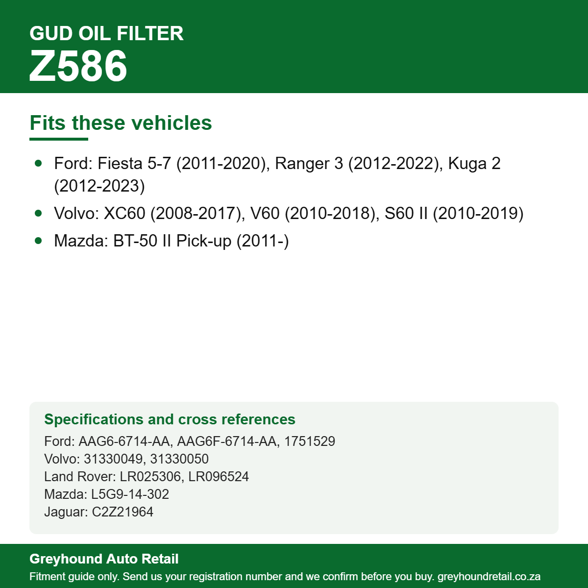 GUD Z586 Oil Filter vehicle fitment list