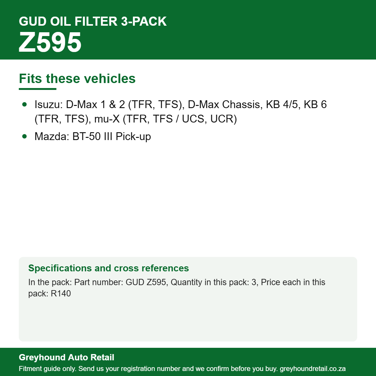 GUD Z595 Oil Filter 3-Pack vehicle fitment list