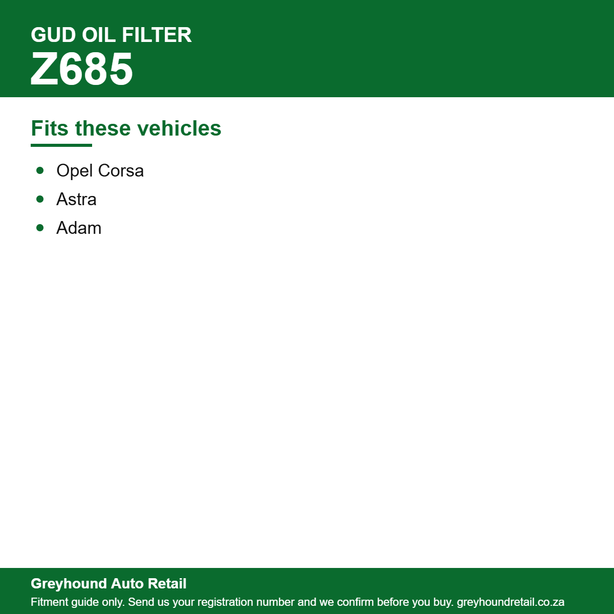 GUD Z685 Oil Filter vehicle fitment list