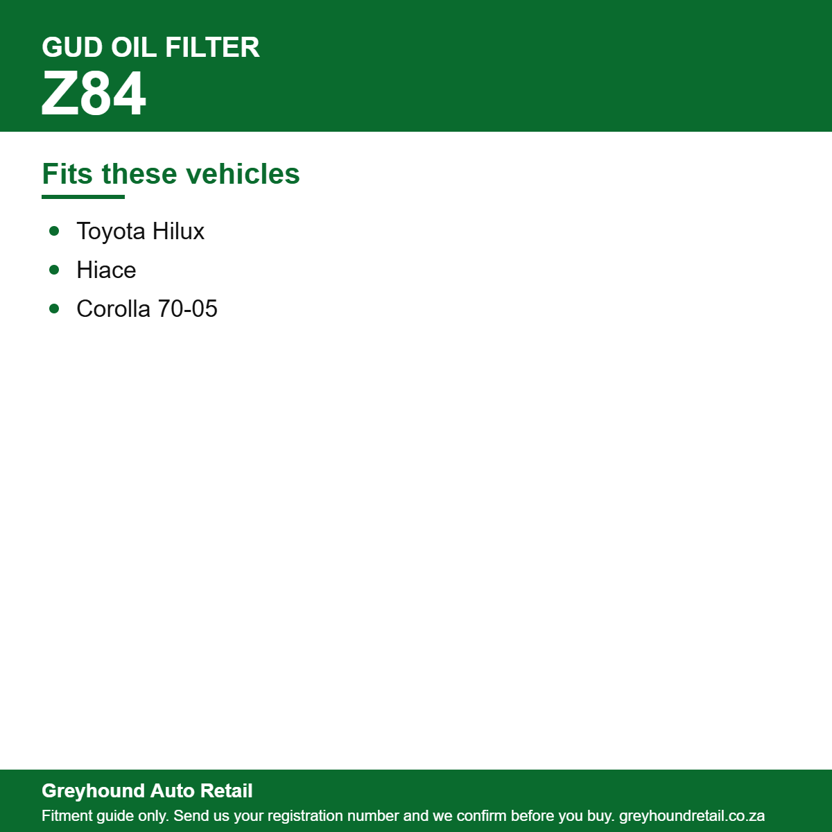 GUD Z84 Oil Filter vehicle fitment list