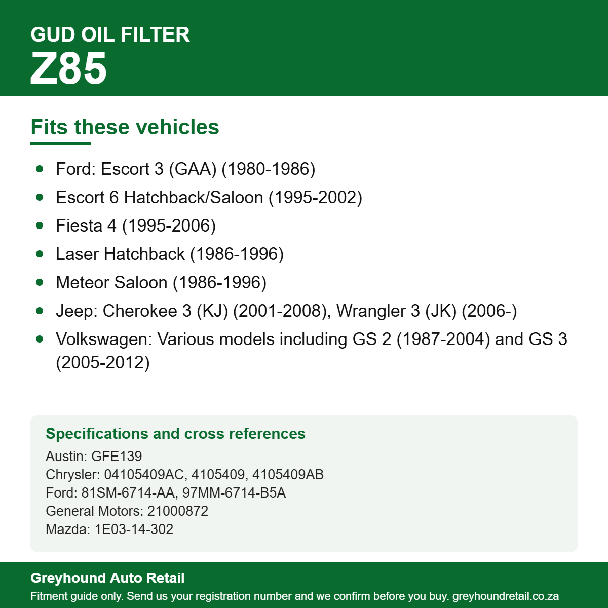 GUD Z85 Oil Filter vehicle fitment list