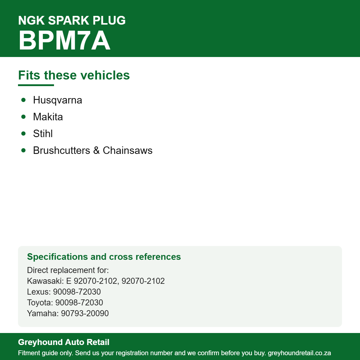 NGK BPM7A Spark Plug vehicle fitment list